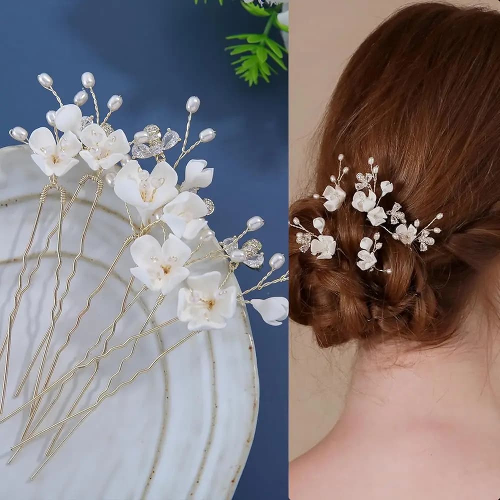 Fermagli per Capelli da Sposa Fatti a Mano, 5 Pezzi, con Fiori Bianchi, Zirconi e Perle, Accessori per Capelli da Sposa per Donne e Ragazze