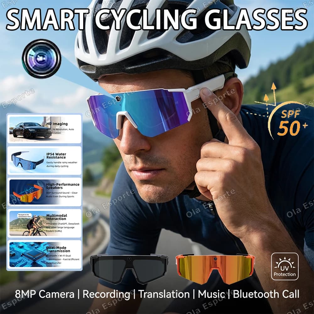 Occhiali Intelligenti con Traduzione Vocale AI, Registrazione Video 1200P, Fotocamera Bluetooth WiFi, Lenti Polarizzate Anti-Shake, Occhiali da Sole per Guida e Sport