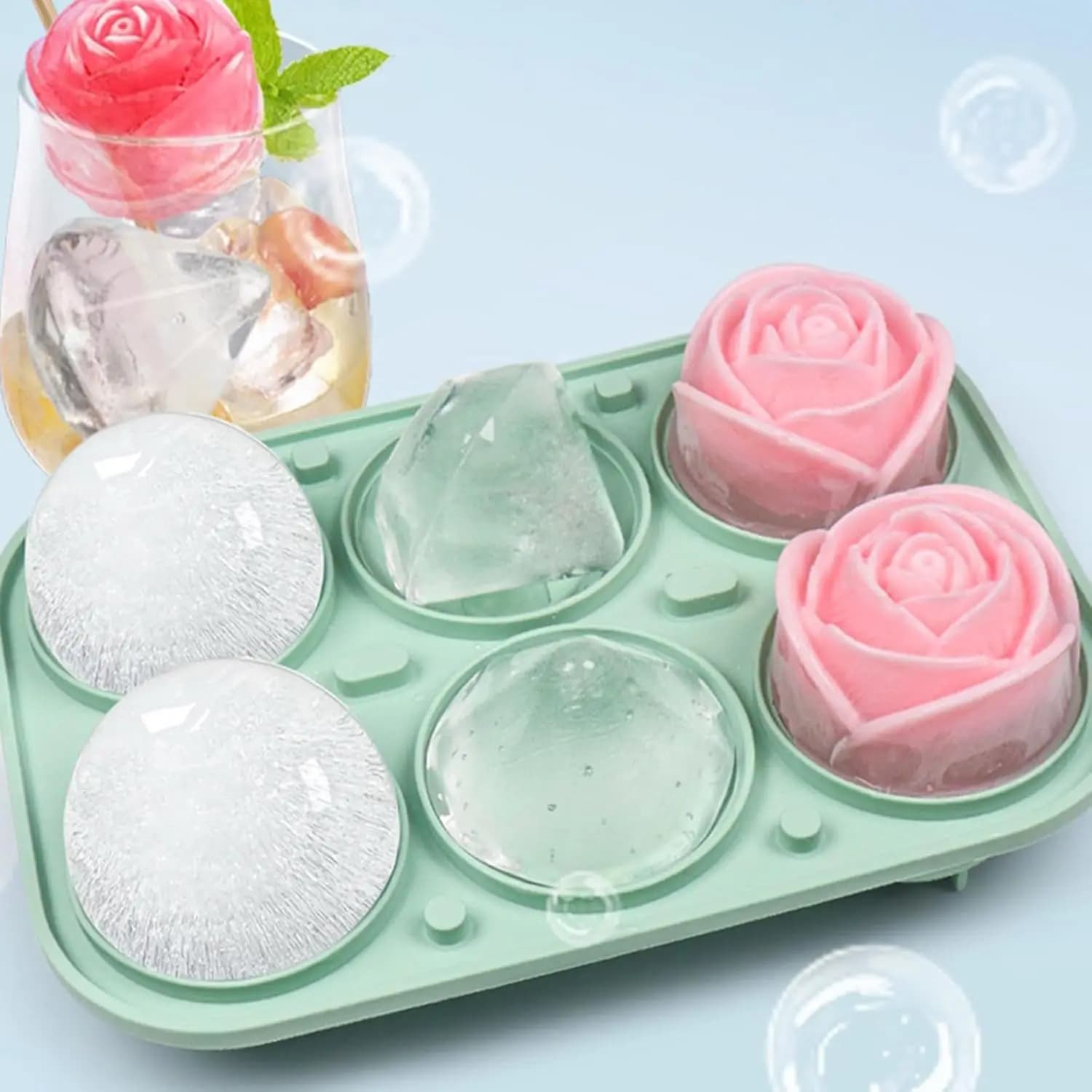 2026 Large Ice Tray with Lid Silicone Rose Diamond Round Sphere Mold Easy Release for Whiskey Cocktails Bourbon Drink Tool