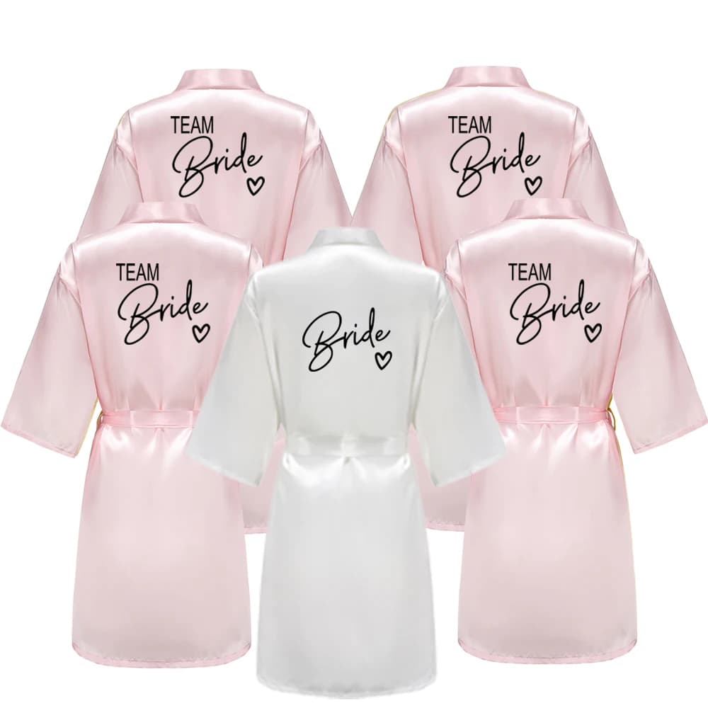 Bridal party team wedding dress with black letters Kimono pajamas in satin bridesmaid pink gold robe wedding dress
