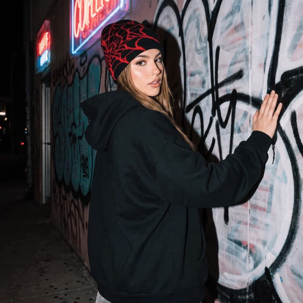 Gothic Soft Spider Web Pattern Beanie Caps Stretch Street Punk Pullover Hat Warm Multiple Colors Cuffed Knitted Hat Winter
