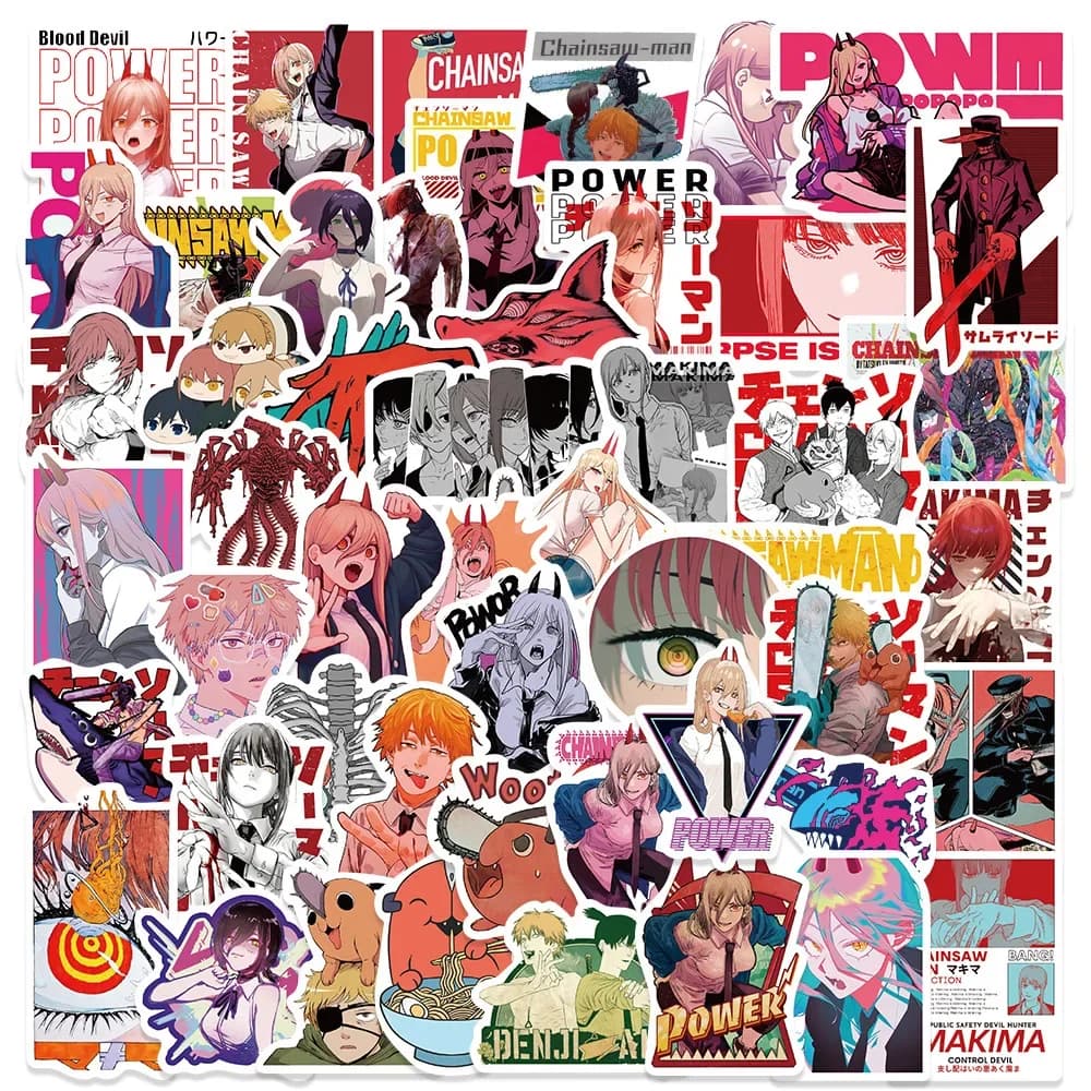 Chainsaw Man – Decalcomanie of 50 pcs animated cartoons for laptop, suitcase, water bottle, skateboard and more!