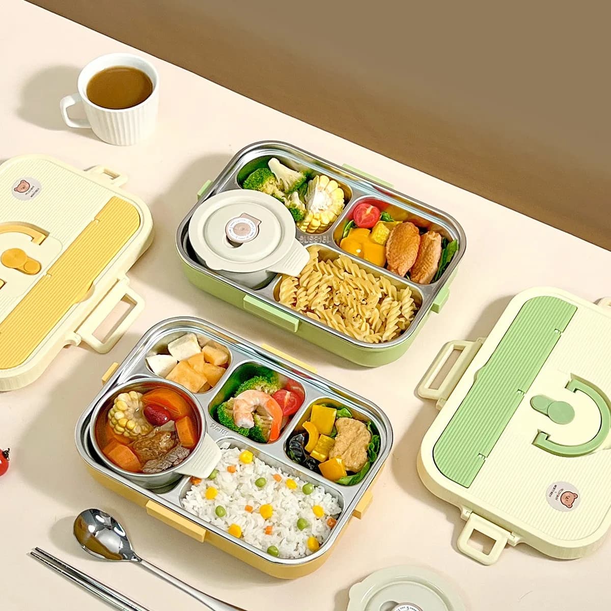 Contenitore per il pranzo Bento in acciaio inossidabile 304 a 4/5 scomparti con posate, set di contenitori per alimenti sigillati di grande capacità per studenti, adatto al microonde.