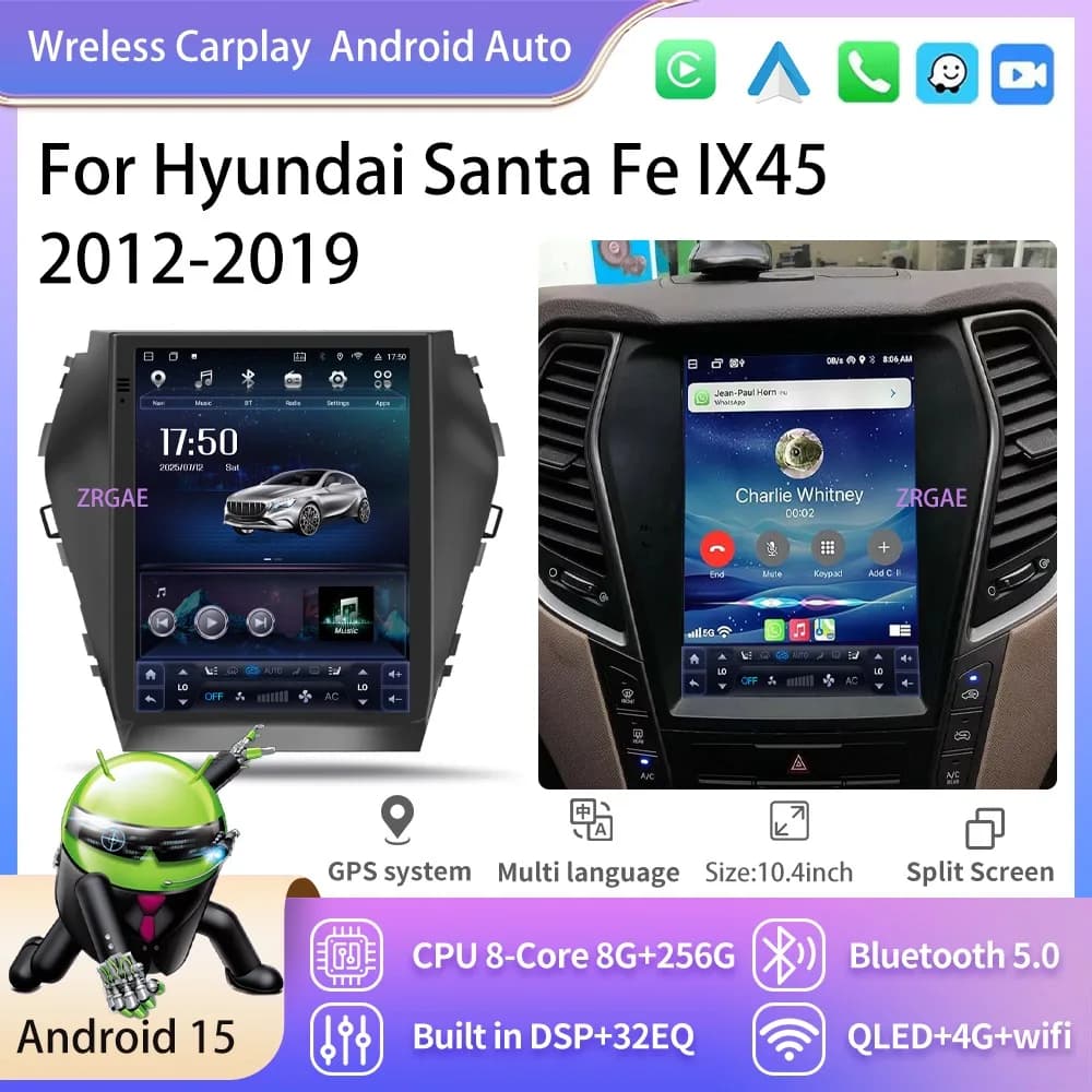 10.4" Android 15 Car Radio For Hyundai Santa Fe IX45 2012-2019 GPS Navigation Multimedia Playe Wireless Carplay Auto Bluetooth4G