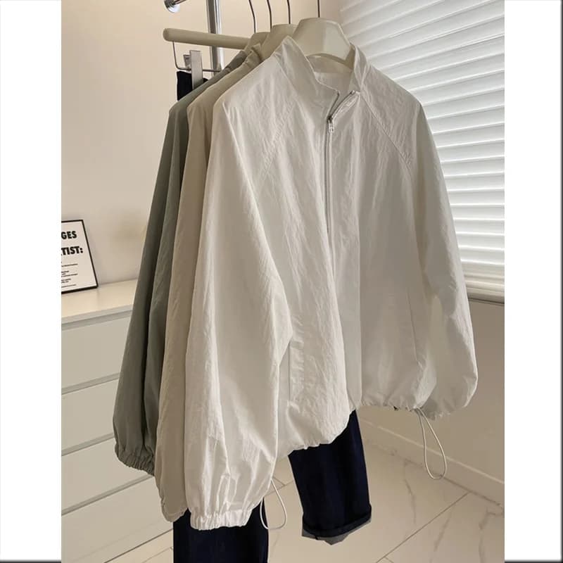 Casual Thin Drawstring Jacket Women Standing Collar Zippers Full Sleeve Windbreaker Female Street Overcoat Basic Coats Jackets