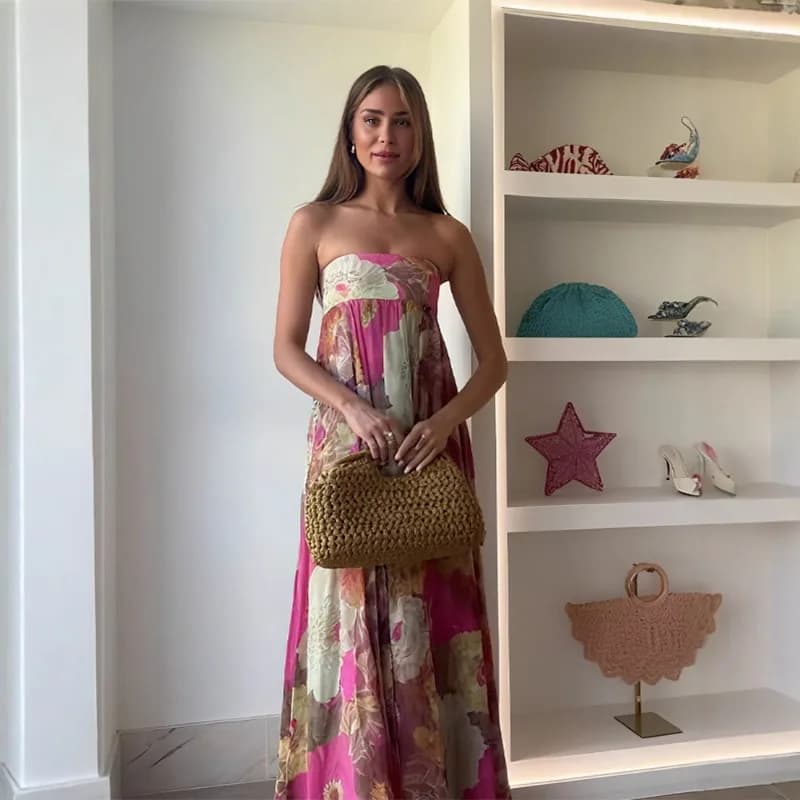 Abito lungo stampato alla moda senza spalline da donna, elegante, con spalle scoperte, senza maniche, a vita alta, nuovo abito da festa estivo da donna