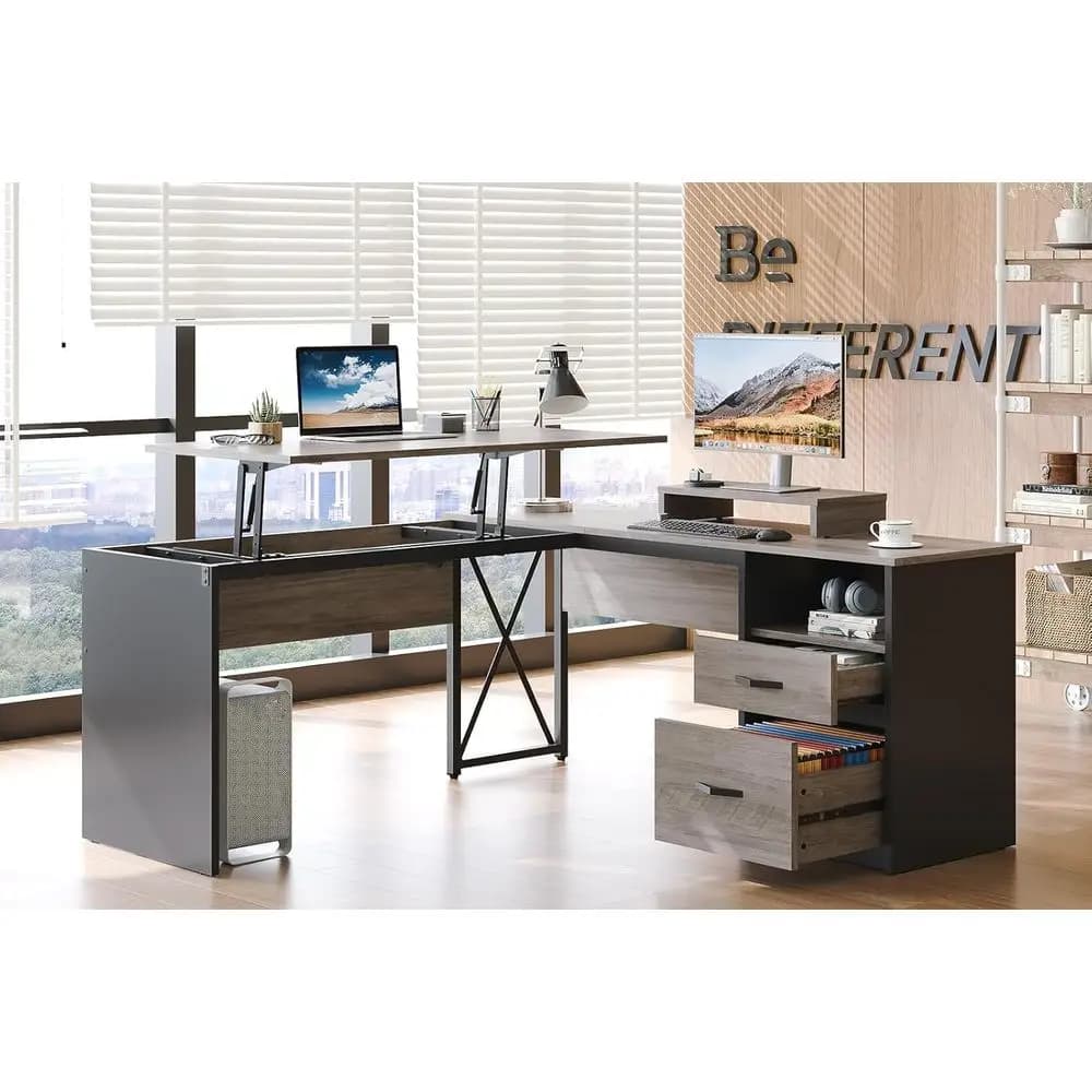 55x55 L-Shaped Desk with Illuminated Top, Reversible File Drawer and Monitor Stand, Grey Wash Finish