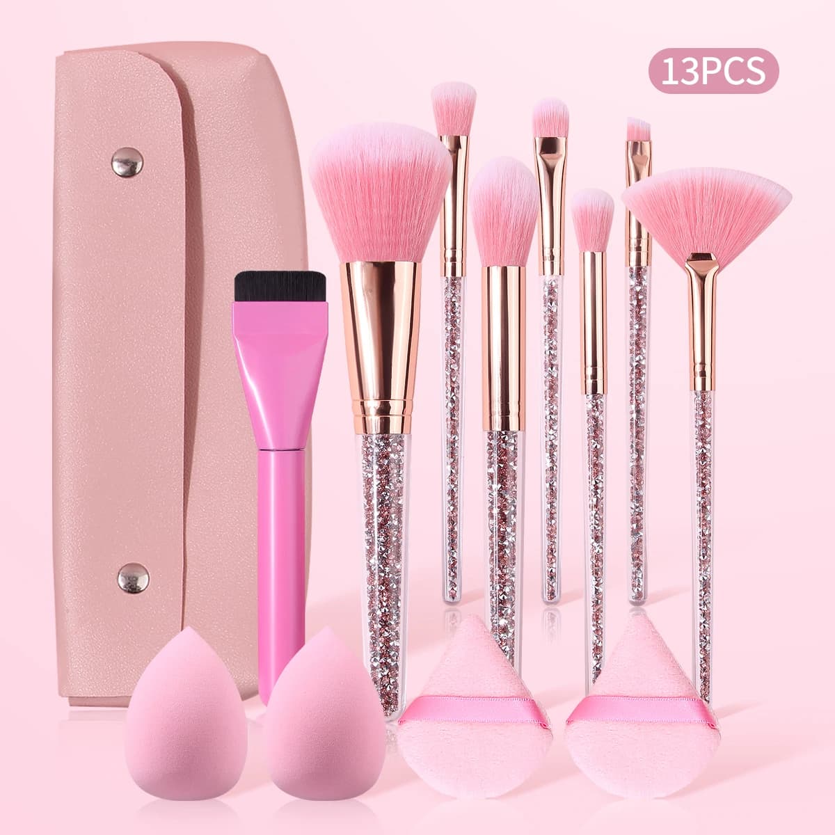 Set of 13-piece pink makeup brushes, transparent plastic handle with diamonds, foundation brush, umbrella brush, faucet brush, makeu bag