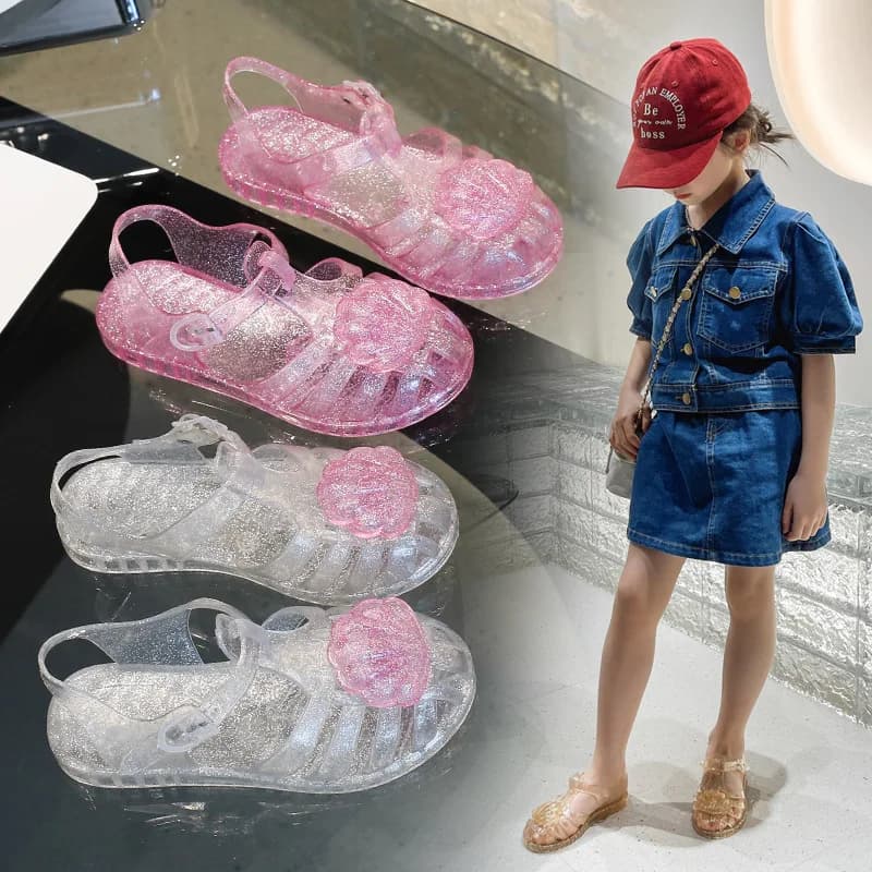 Summer Kids Shell-Decorated Jelly Roman Princess Sandals Children Soft-Soled One-Strap Beach Shoe Velcro Roman Shoe Girls Casual