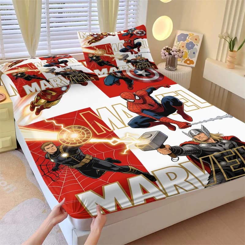 Set di 3 lenzuola con angoli a tema fumetti Marvel Supereroi - Biancheria da letto trendy per fan Marvel e camerette per ragazzi - Protezione materasso morbida con angoli profondi