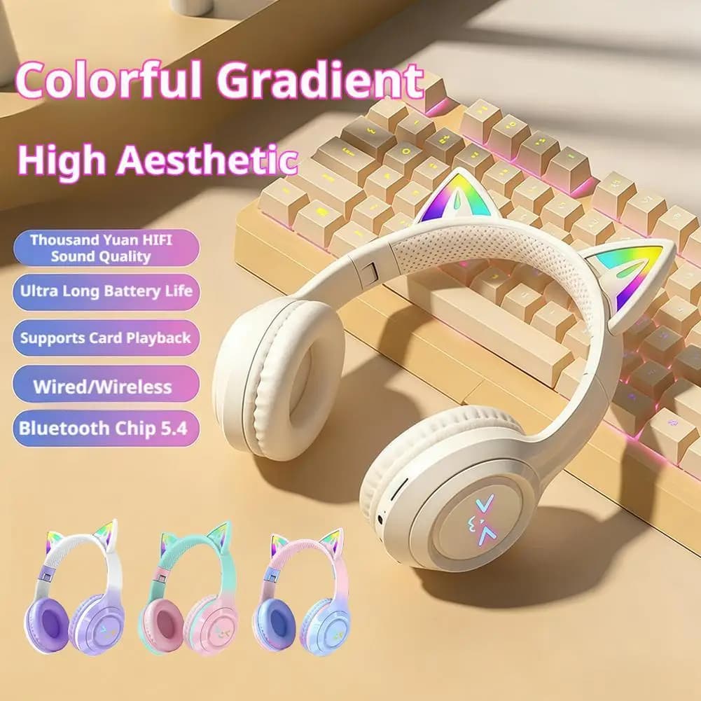 Nuove Cuffie Bluetooth 2026 con Orecchie di Gatto Luminose, Wireless Over-Ear, RGB LED, per Gaming e Musica, Ideali per Ragazze
