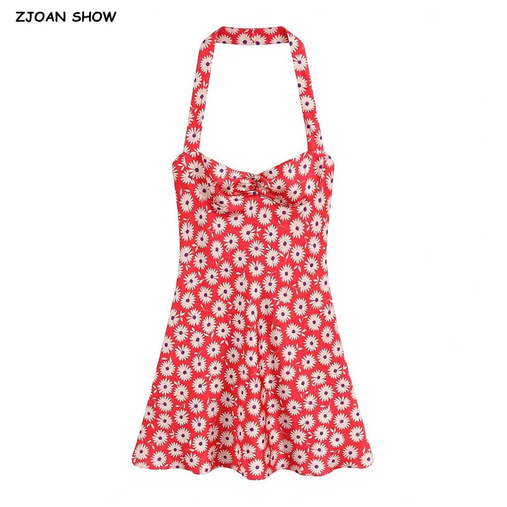 Mini Abito Sexy Rosso con Stampa Floreale Margherita, Scollo a V Halter con Arricciatura Frontale, Zip Posteriore, Schiena Scoperta, Vestito Corto a Trapezio da Donna