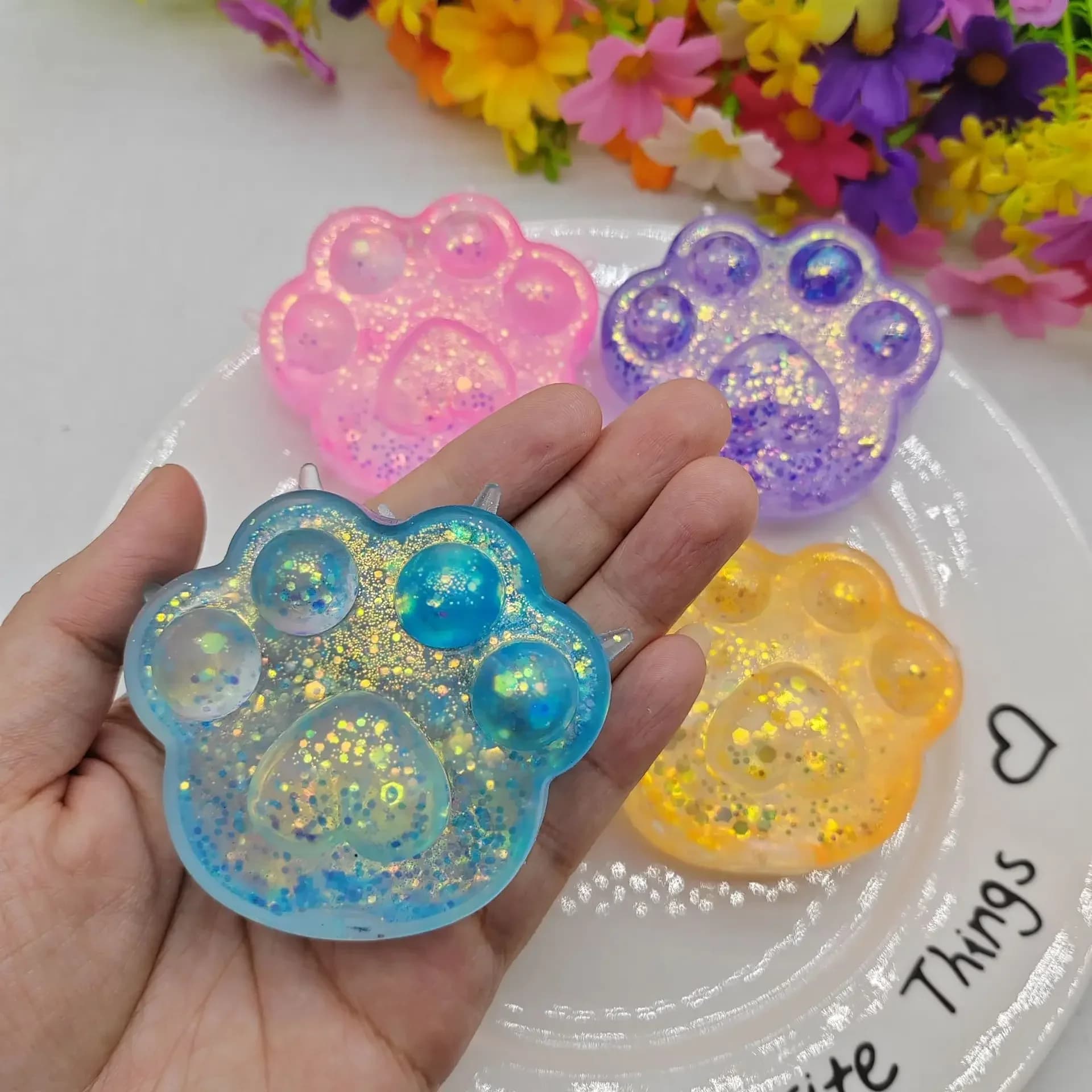 Anti Stress Soft TPR Slow Rebound Sequins Maltose Pinch Toy Stress Relief Elastic Squeezing Colored Cat Paw Decompression
