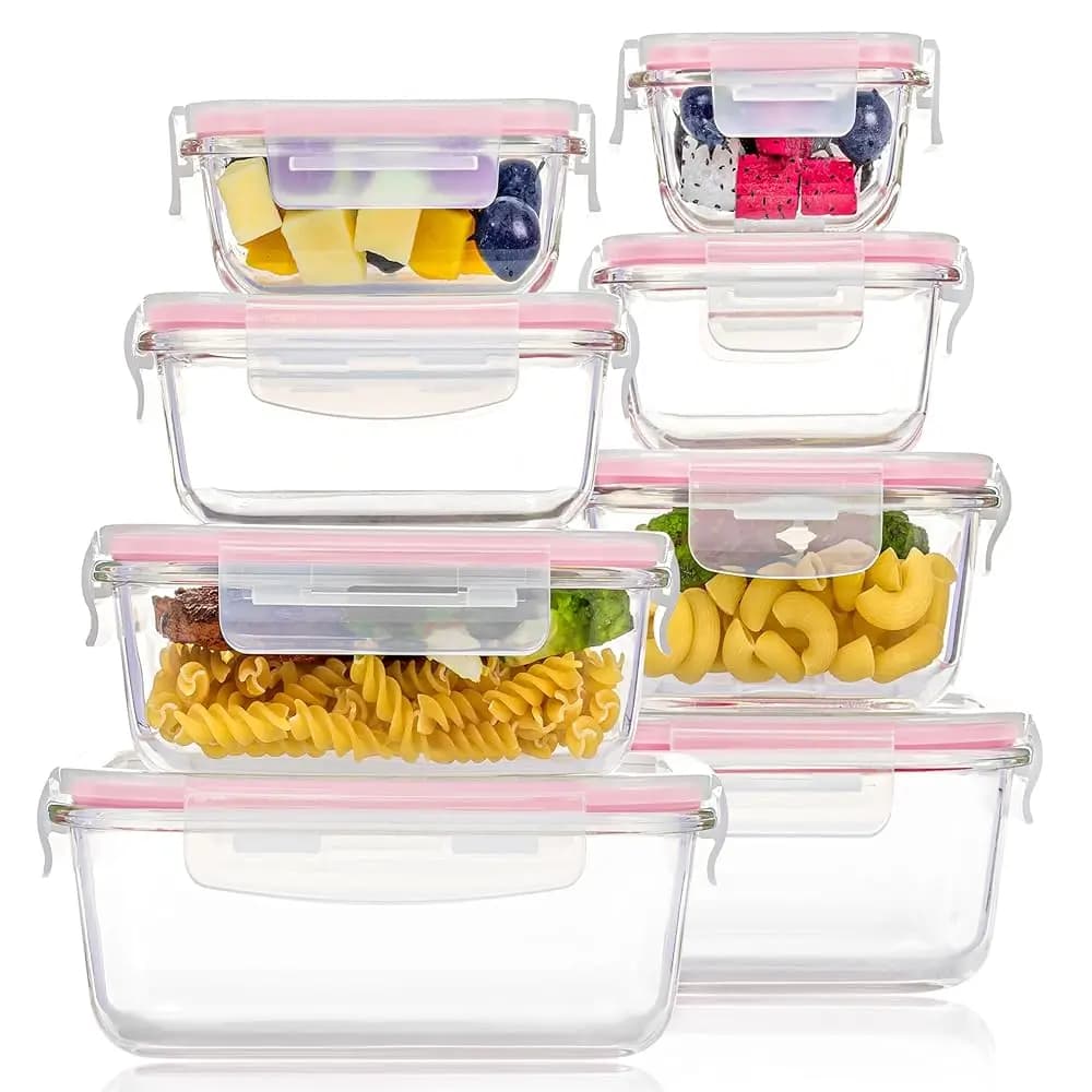 Set di 8 Contenitori in Vetro per Alimenti con Coperchi Ermetici, Contenitori in Vetro per Preparazione Pasti, Contenitori per Pranzo Adatti a Microonde, Forno, Frigorifero