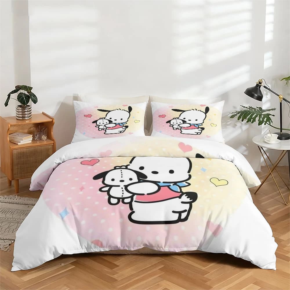 3-Piece High-Definition Digital Print Bedding Set, Sanrio Cartoon Characters Like My Melody Printed Duvet Cover Set, Large Pattern Duvet Cover Set, Includes 1 Duvet Cover + 2 Pillowcases, Suitable for Bedroom, Guest Room, Home Decoration, Polyester Fiber Duvet Cover + Pillowcase, Ultra-Soft Bedding, Thick Fabric, Suitable for All Seasons, Machine Washable