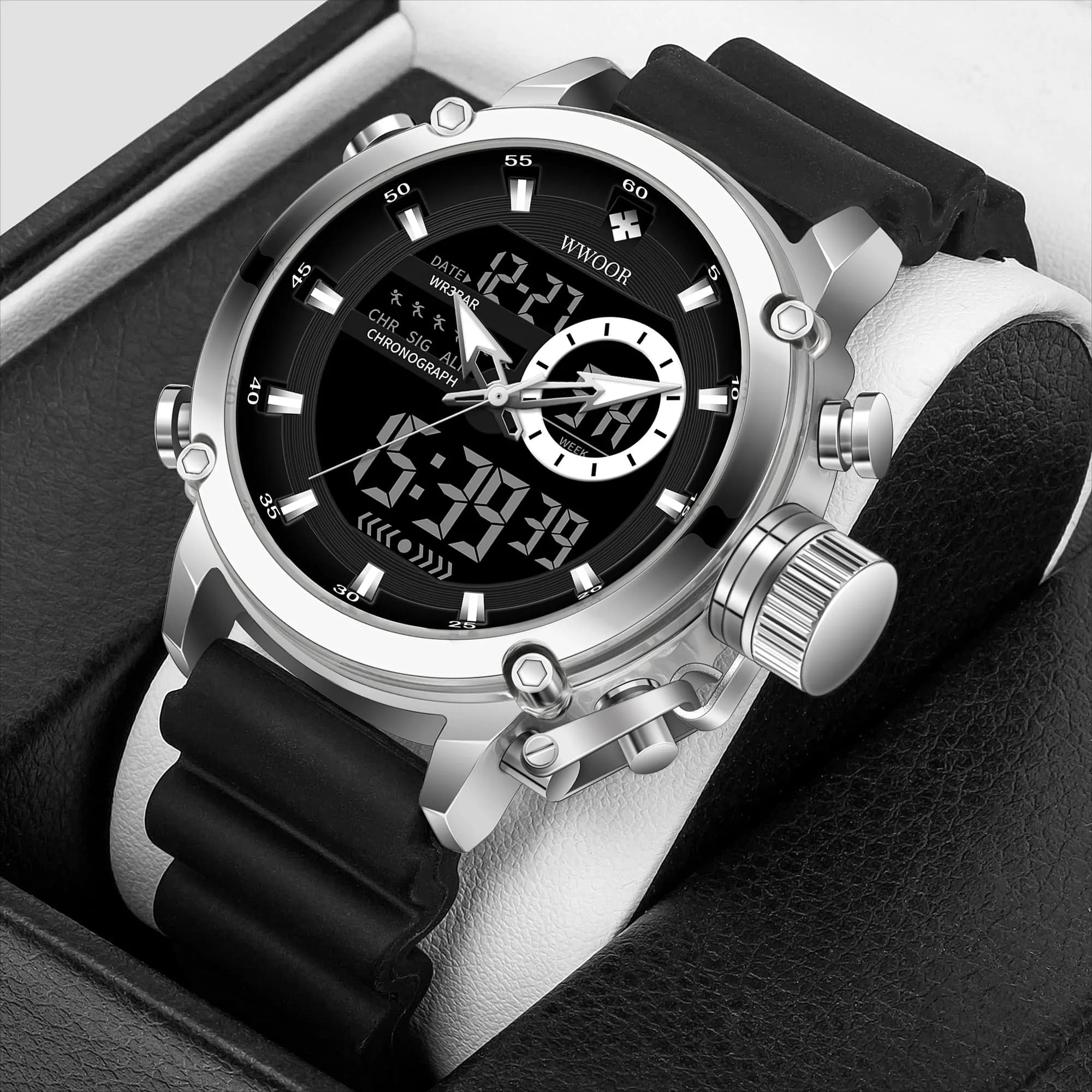 WWOOR Luxury Brand Men's Sports Watches Black Quartz Watch Waterproof Men's Wrist Watch Military Male Relogio Masculino