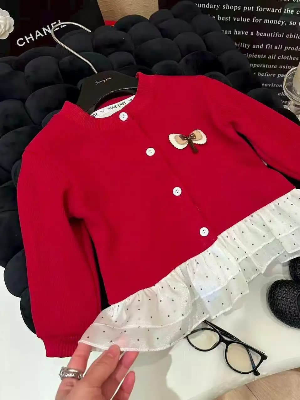 Spring 2026 Girls' Comfortable Casual Red Polka Dot Splice Open Cardigan Top Korean Style Long Sleeve round Neck Cotton T-shirt