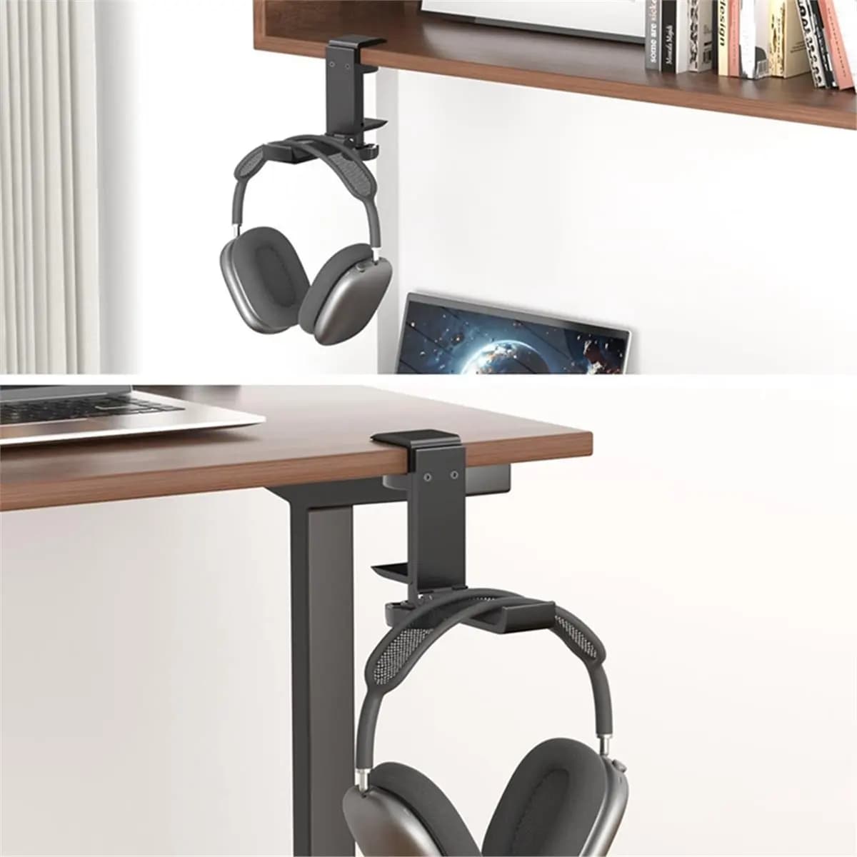 Stabile - Supporto per cuffie sotto la scrivania Supporto per gancio per cuffie pieghevole Supporto per morsetto per cuffie da gioco in alluminio Gancio in silicone antiscivolo Nero