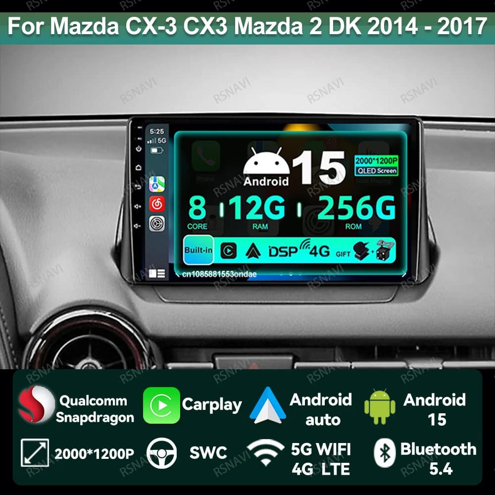 Autoradio Android 15 Per Mazda CX-3 CX3 Mazda 2 DK 2014 - 2017 2018 2019 2020 2021 9/10 Pollici 5G WIFI QLED Navigazione Stereo BT