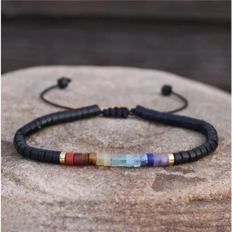 Chakra Black Stone Meditation Bohemian Yoga Gemstone bracelet, Balance protection, calmness, power