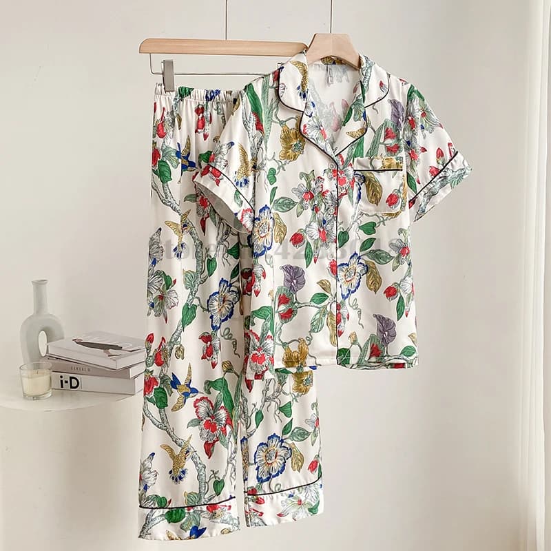 Pigiama Casual da donna Sexy colletto ribaltabile camicia pantaloni abiti Lingerie vestiti per la casa indumenti da notte stampati in raso Loungewear allentato