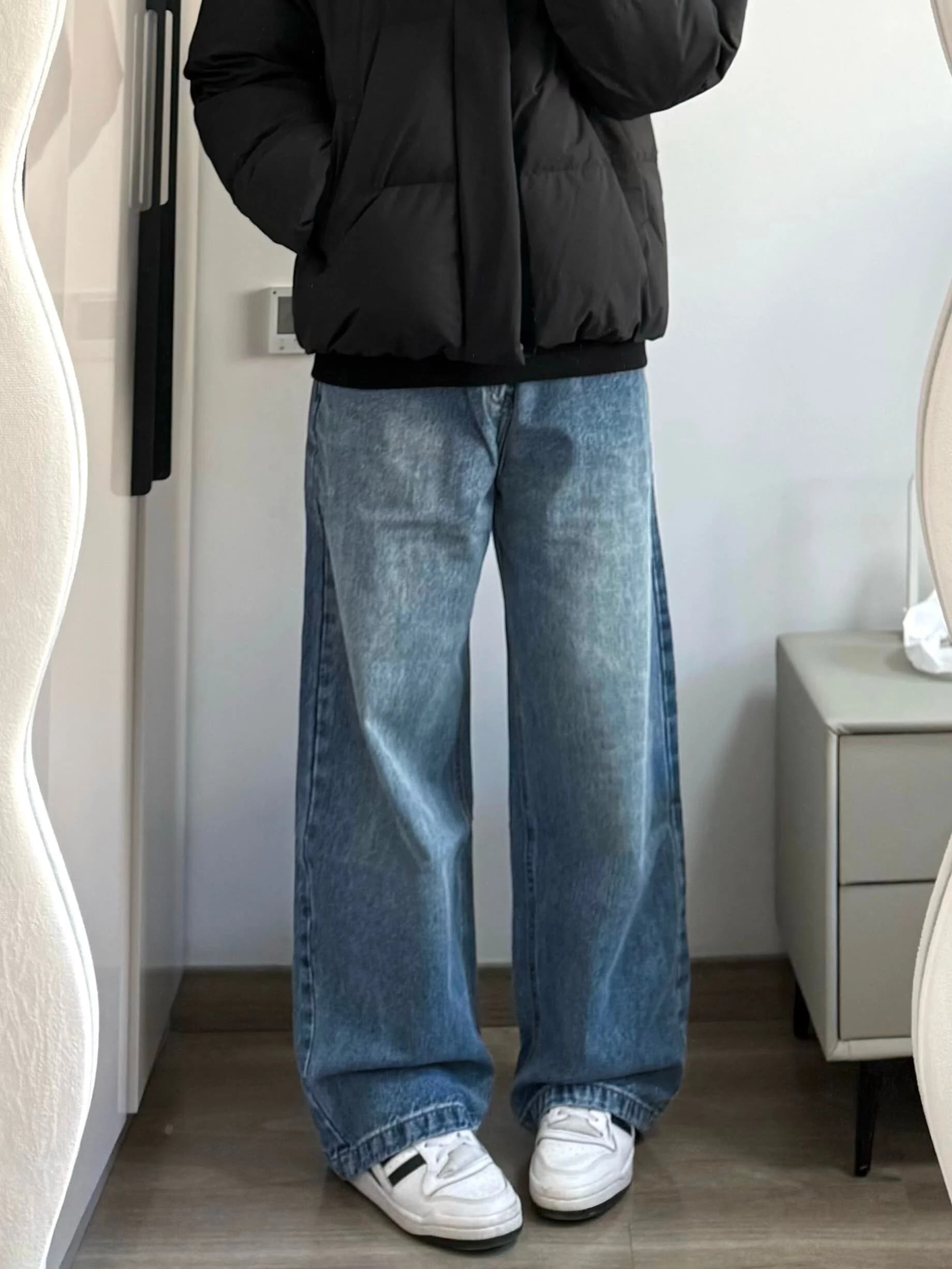 Jeans da Uomo Vintage Blu Lavato a Gamba Larga, Taglio Dritto, Casual, Stile Americano High Street, Durevoli