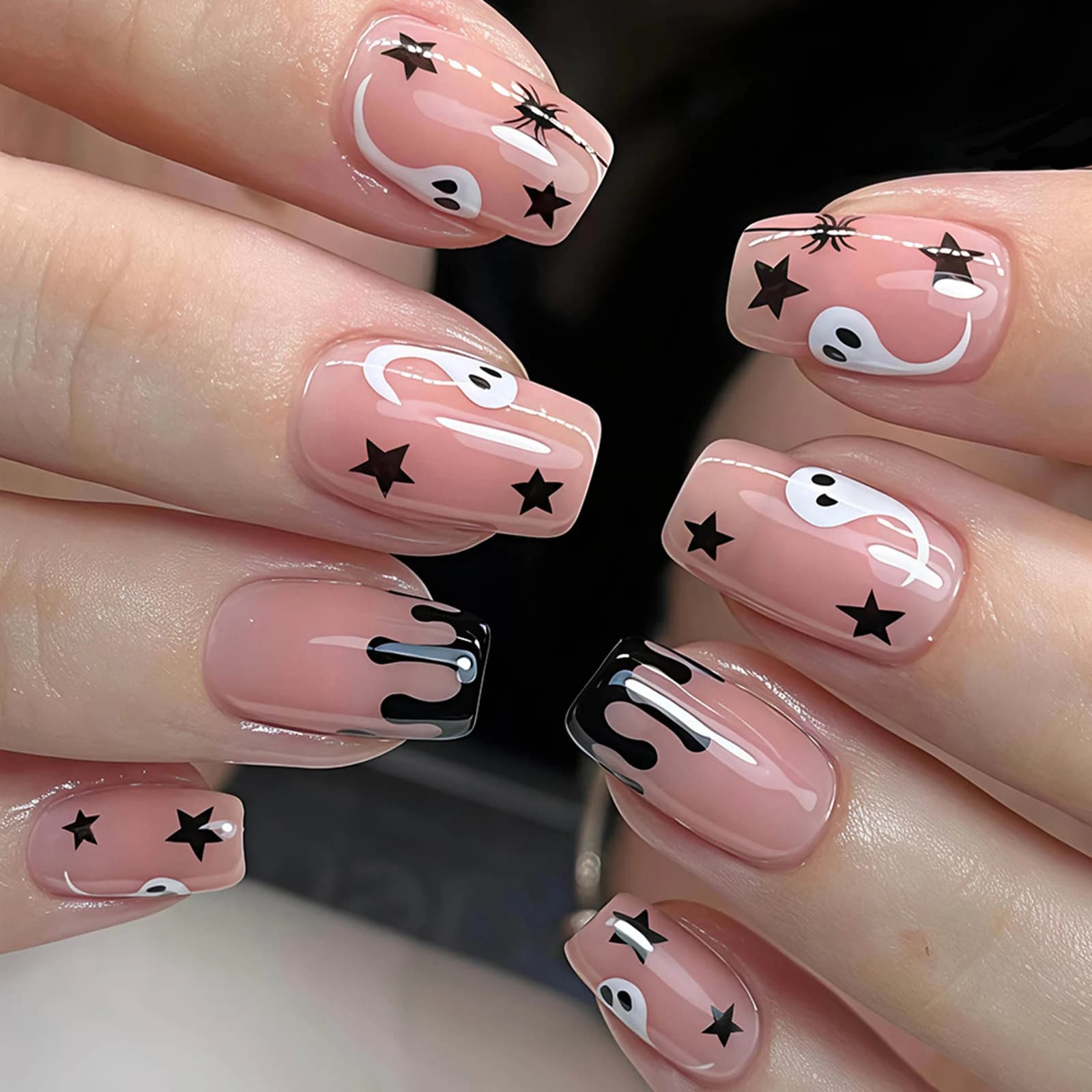 Halloween Nails Press On 24Pcs Short Square Nude Color Fake Nails Black Spider/Star/Blood Designs White Ghost False Nils Art