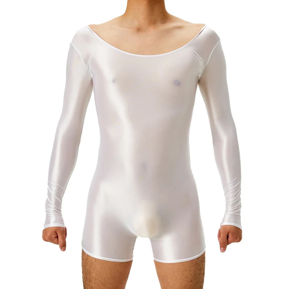 Comfy Fashion Bodysuit Jumpsuit Men Nylon O Neck Oil Shiny Quick-drying See Through Shaping Pants Shorts Tights