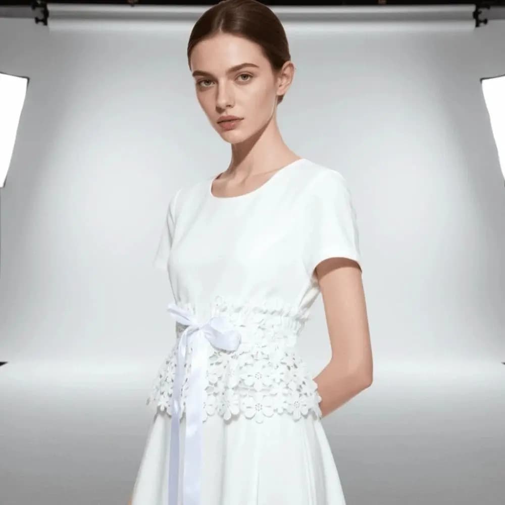 Accessori per camicie: Cintura a corsetto larga in pizzo a tinta unita, elastica, traforata, con laccio nero, per la vita