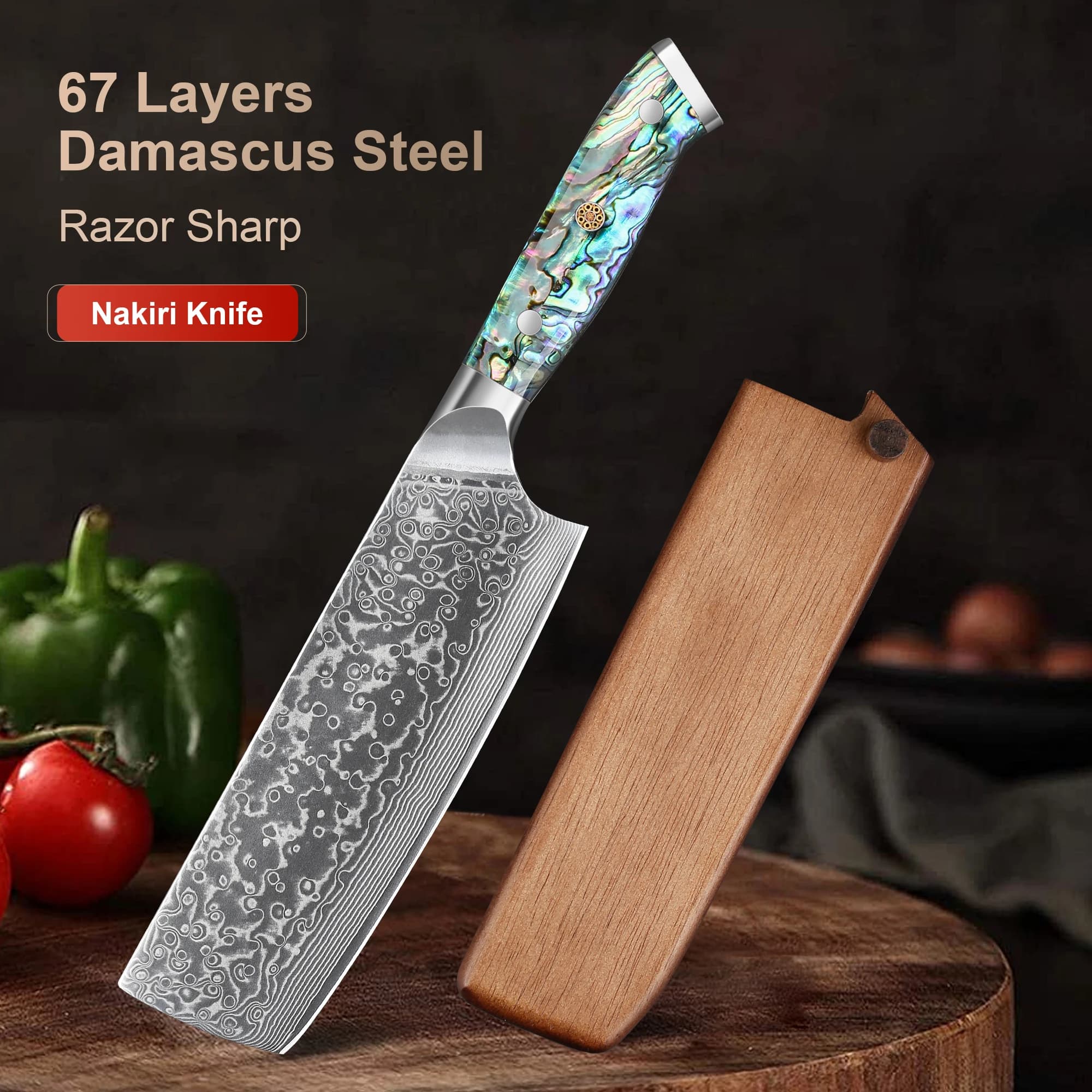 Coltello da chef professionale da 7 pollici, 67 strati di acciaio Damasco, utensili affilati, coltello Nakiri, strumento da cucina