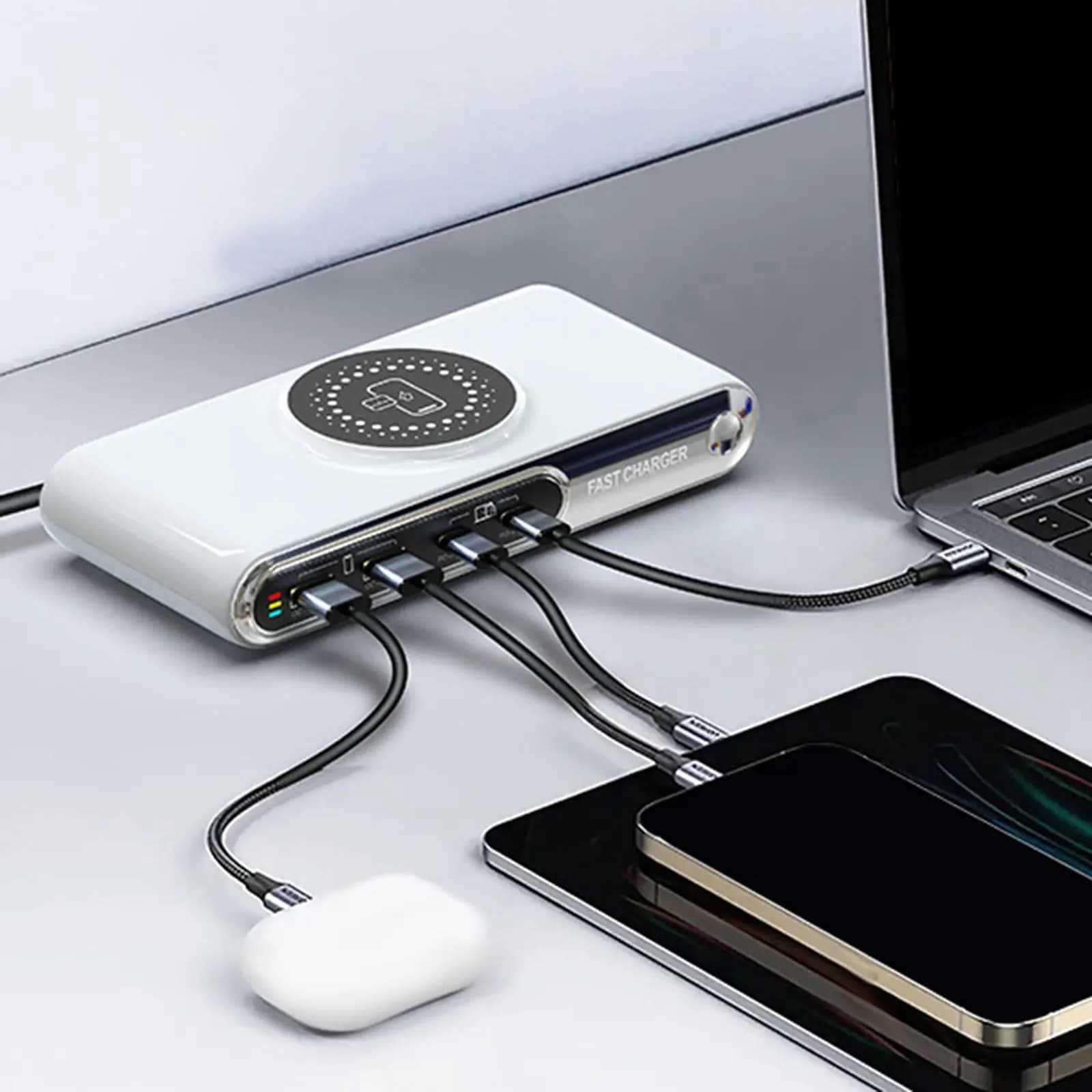 Stazione di ricarica per ufficio Supporto di ricarica rapido leggero portatile 4 porte per cuffie Smartwatch Telefoni cellulari PC Dormitorio