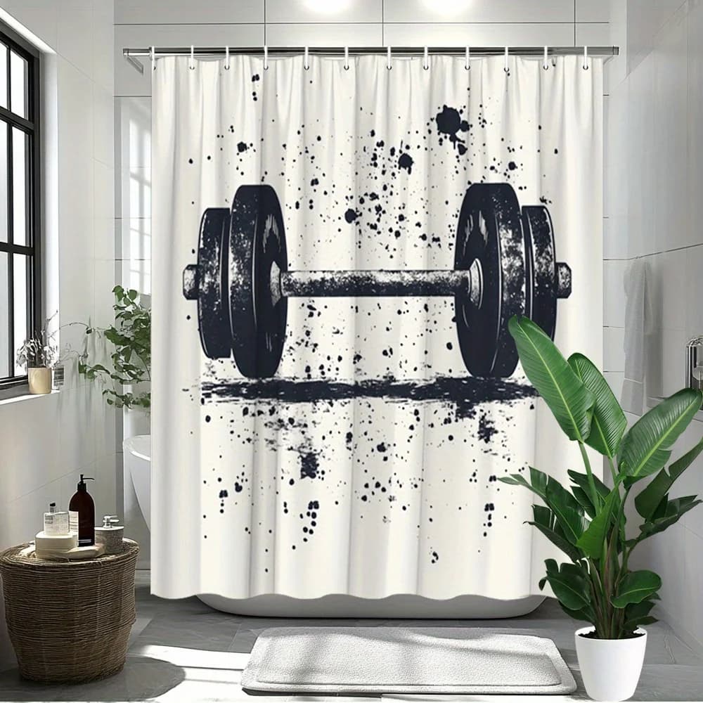 Tenda da doccia con bilanciere da palestra, design bianco e nero, tema fitness, tessuto impermeabile, arredamento moderno per il bagno per uomo