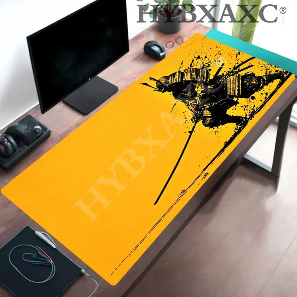 HYBXAXC Tappetino per Mouse con Motivo Samurai Giallo e Effetto Inchiostro, Antiscivolo in Gomma, per Gaming e Ufficio, con Bordi Cuciti