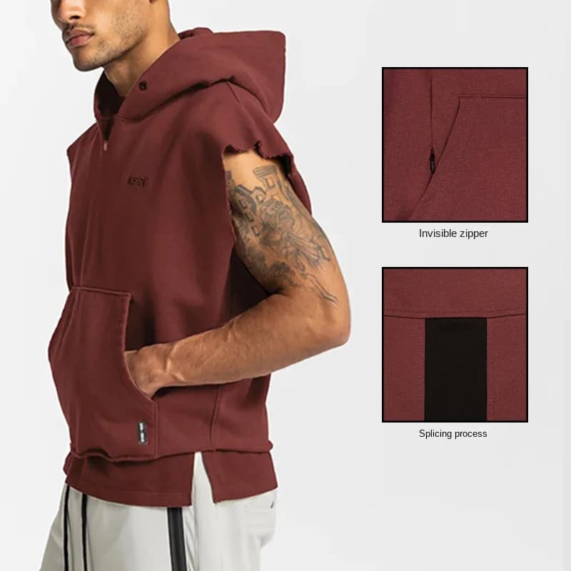 Palestre Mens Multi-pocket Bodybuilding cotone senza maniche con cappuccio Casual Biker Vest felpa Fitness Workout Sportswear top maschio