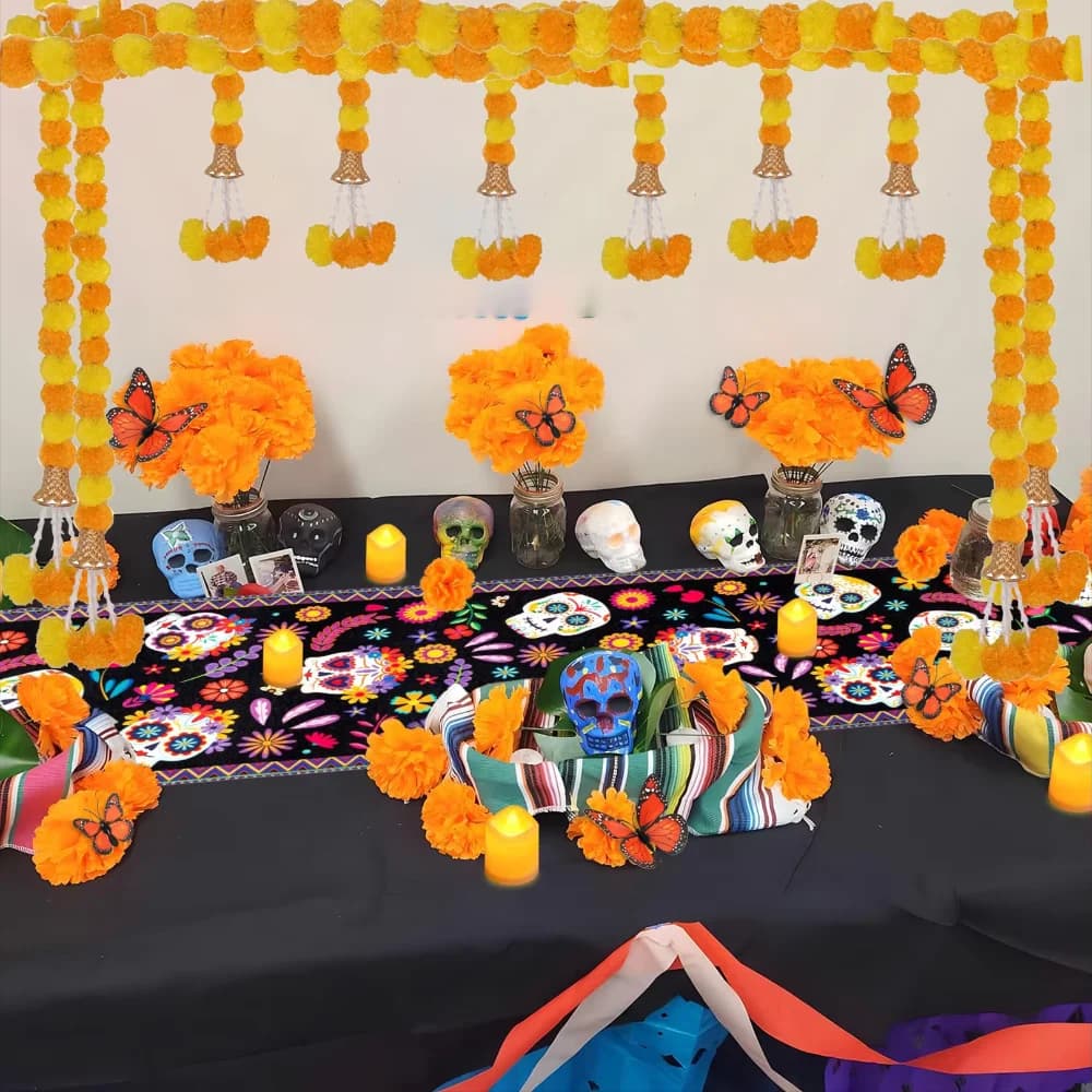 Fili lunghi Ghirlanda di calendula artificiale 1,5 m Pooja Diwali Fiesta Pianta finta Decorazioni indiane Eventi Decor Ghirlande di fiori di calendula