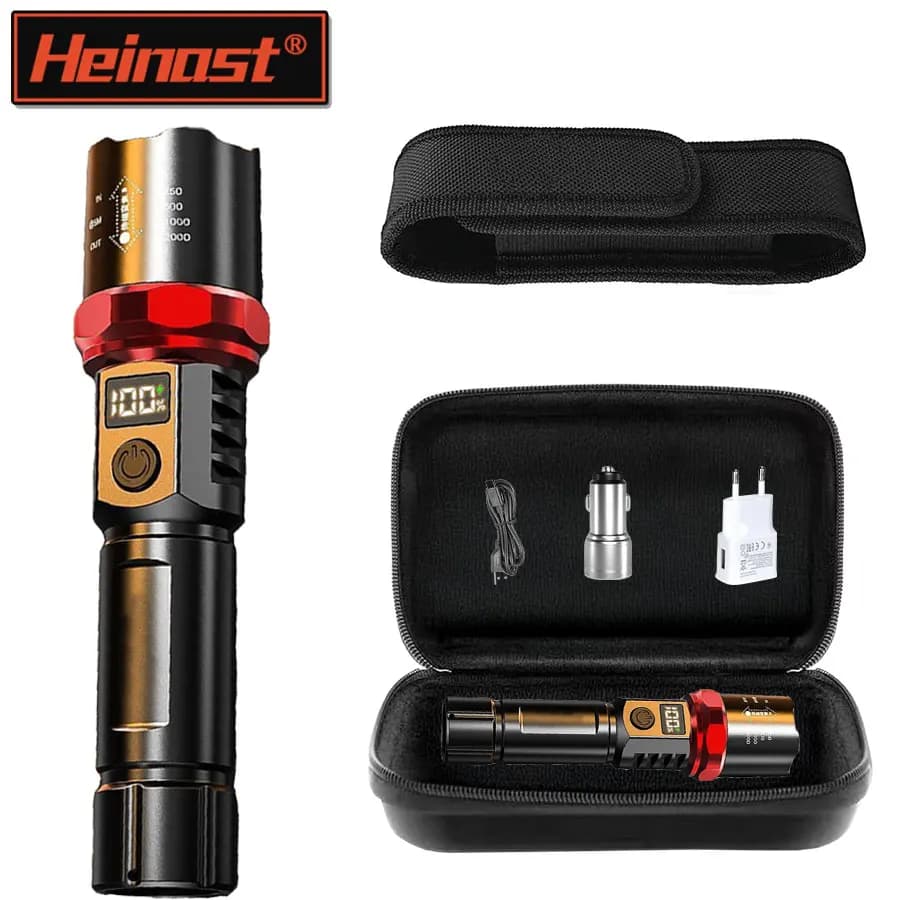 Potente torcia a LED Heinast con display Torcia telescopica ricaricabile con zoom Lanterna di emergenza per la pesca in campeggio all'aperto