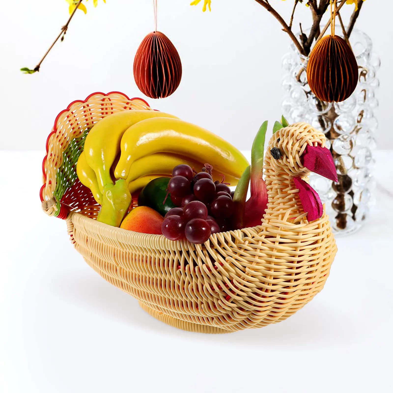 Cesto portafrutta a forma di tacchino in finto rattan, cesto portaoggetti intrecciato per cucina, snack, pane, frutta, frutta secca, decorazione festiva