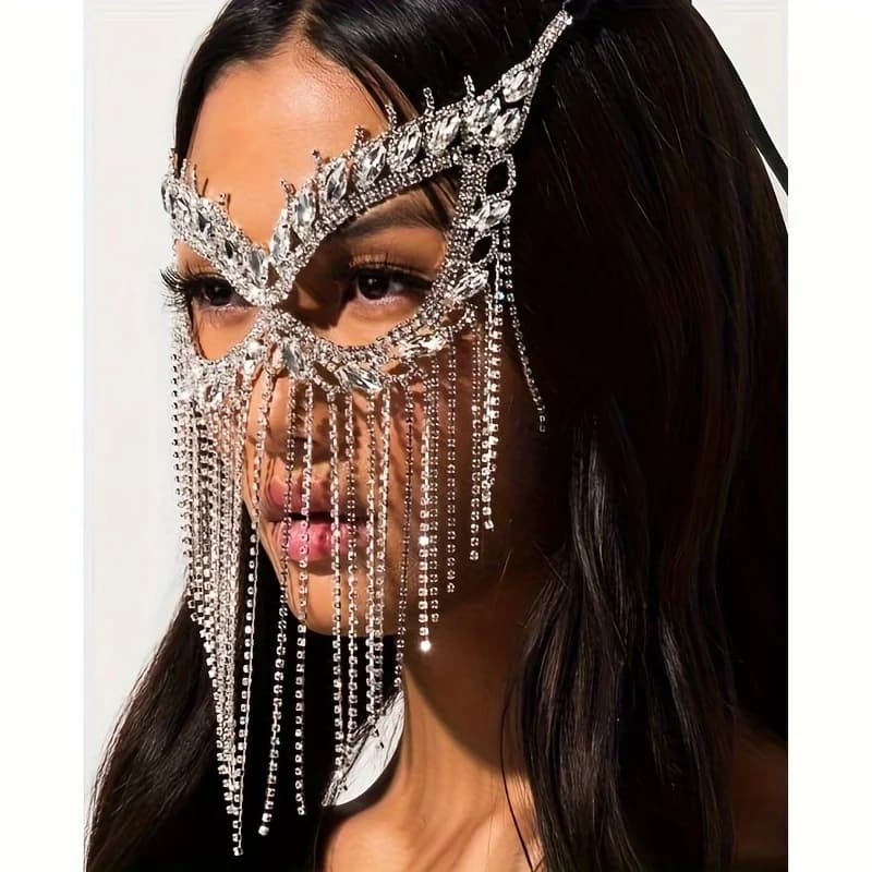 Moda affascinante strass nappa velo maschere per le donne Bohe viso gioielli catena mascherata festa di ballo accessori costume sexy