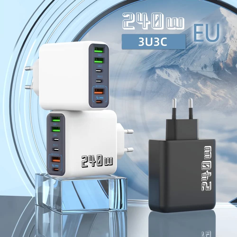 Caricatore USB C PD da 240W a 6 porte con Quick Charge 3.0, adattatore di ricarica super veloce per iPhone, Samsung, Xiaomi