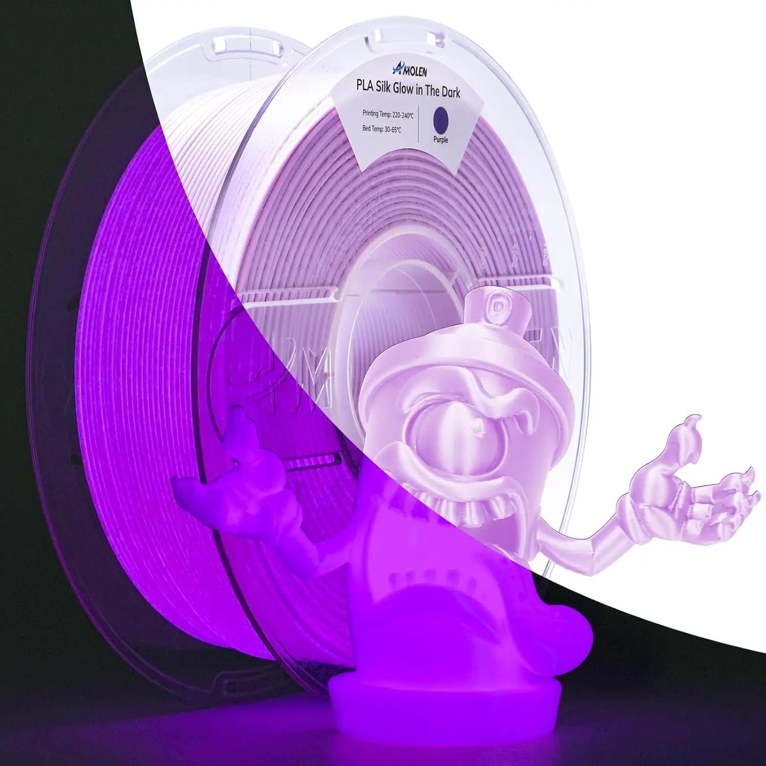 Glow in the Dark PLA Filament 1.75mm Purple, Silk & Glow 2-in-1, Dimensional Accuracy +/- 0.02mm, 1KG