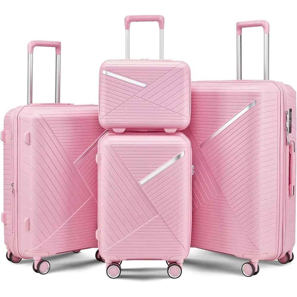 4-Piece Lightweight Expandable Carry-On Luggage Set with TSA Lock, Soundproof Wheels, Aluminum Rod, and Pink PP Material