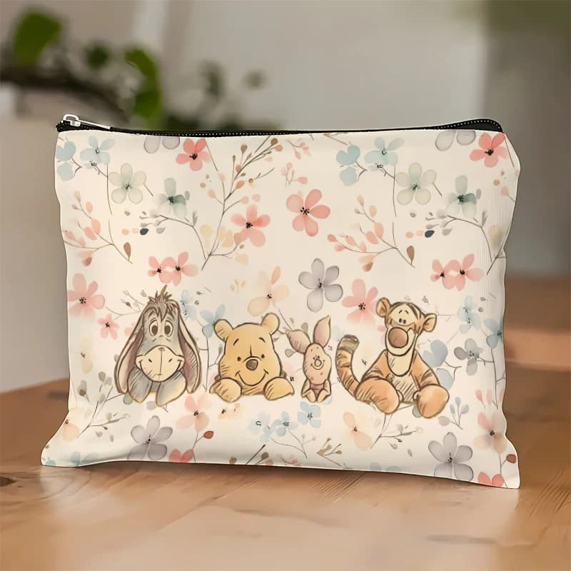 1 Borsa per il trucco Disney Winnie the Pooh, con Winnie the Pooh, Tigger e Maialino - Design con ramo floreale rosa - Custodia con cerniera da viaggio perfetta - Divertente regalo di compleanno