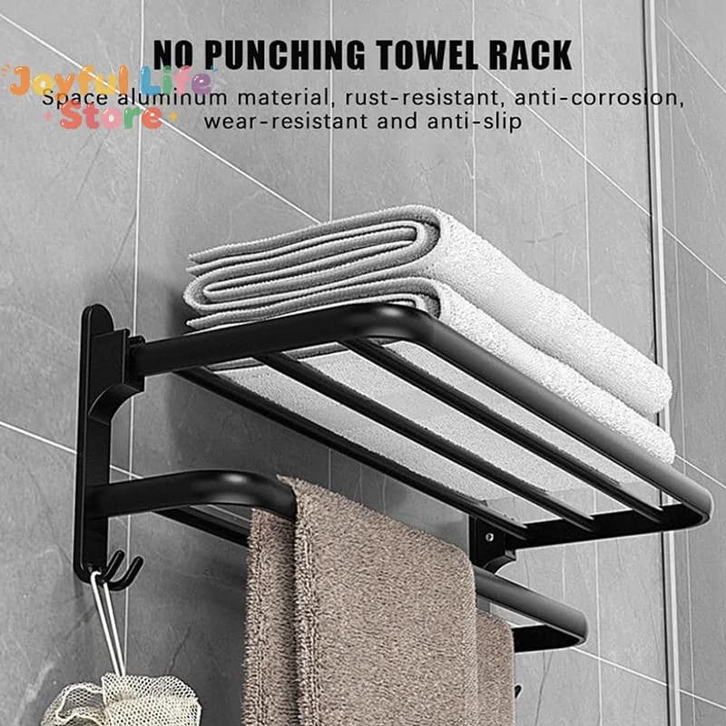 Self-adhesive Bathroom Towel Rack Without Drilling Screws Wall Mount Bath Towel Hanger Holder Folding Large Storage Towel Rail