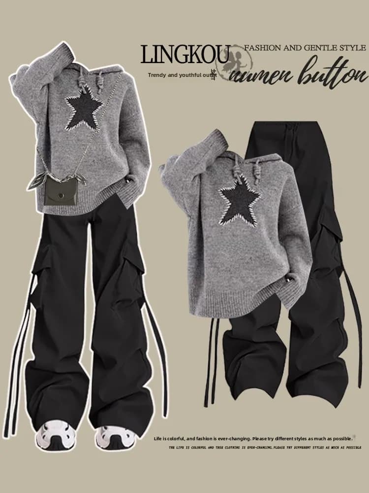plus Size Autumn Casual Sportswear Set Women Loose Hoodie Knitwear High Waist Slimming Workwear Pants Two Piece Set
