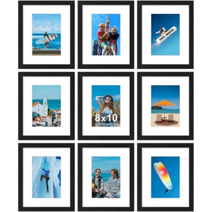Set di 9 Cornici Portafoto, Plexiglass Antiurto, per Esporre Immagini con o Senza Passepartout, Cornici per Parete o Tavolo