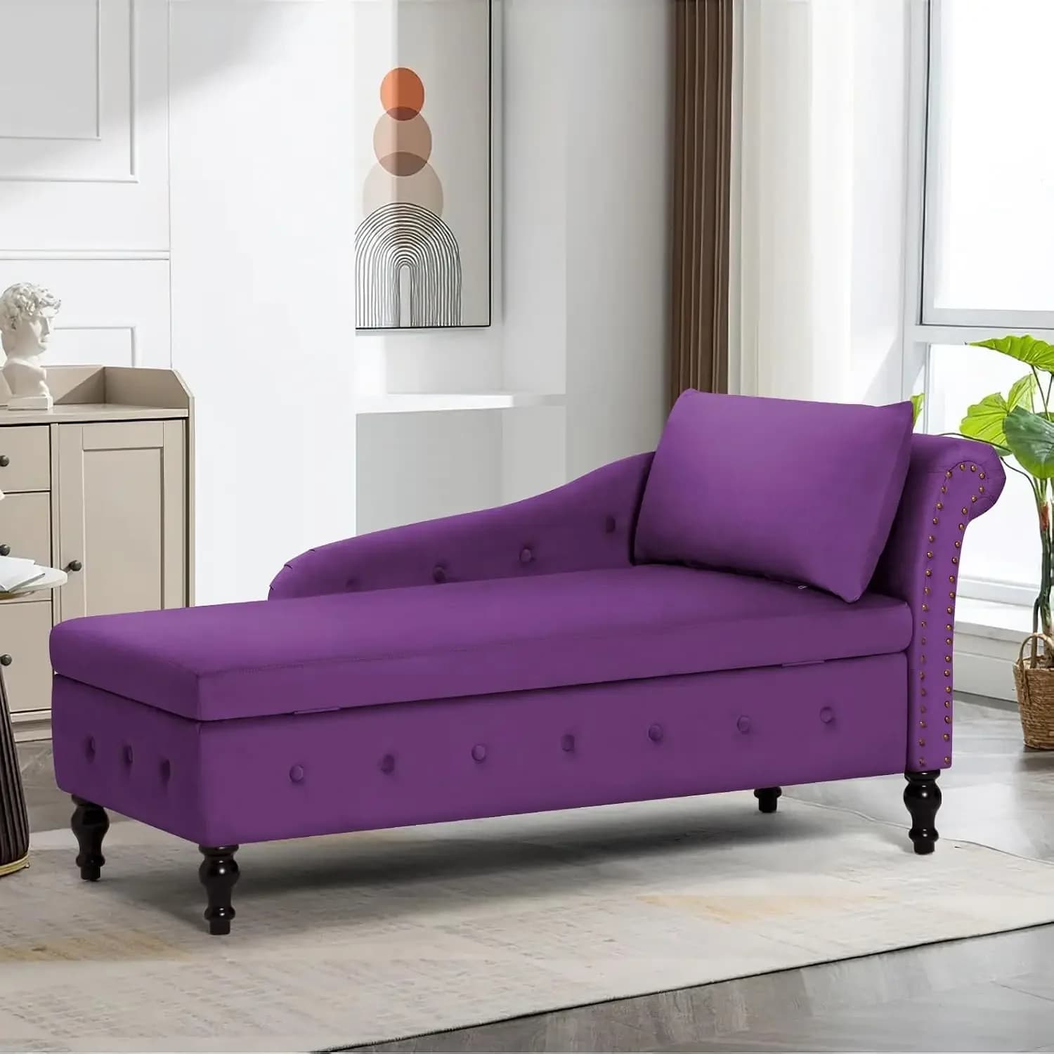 Upholstered Chaise Lounge with Right Armrest & Lumbar Pillow,Button Tufted Lounge Sofa with Storage,Lounge Chair Indoor,Modern