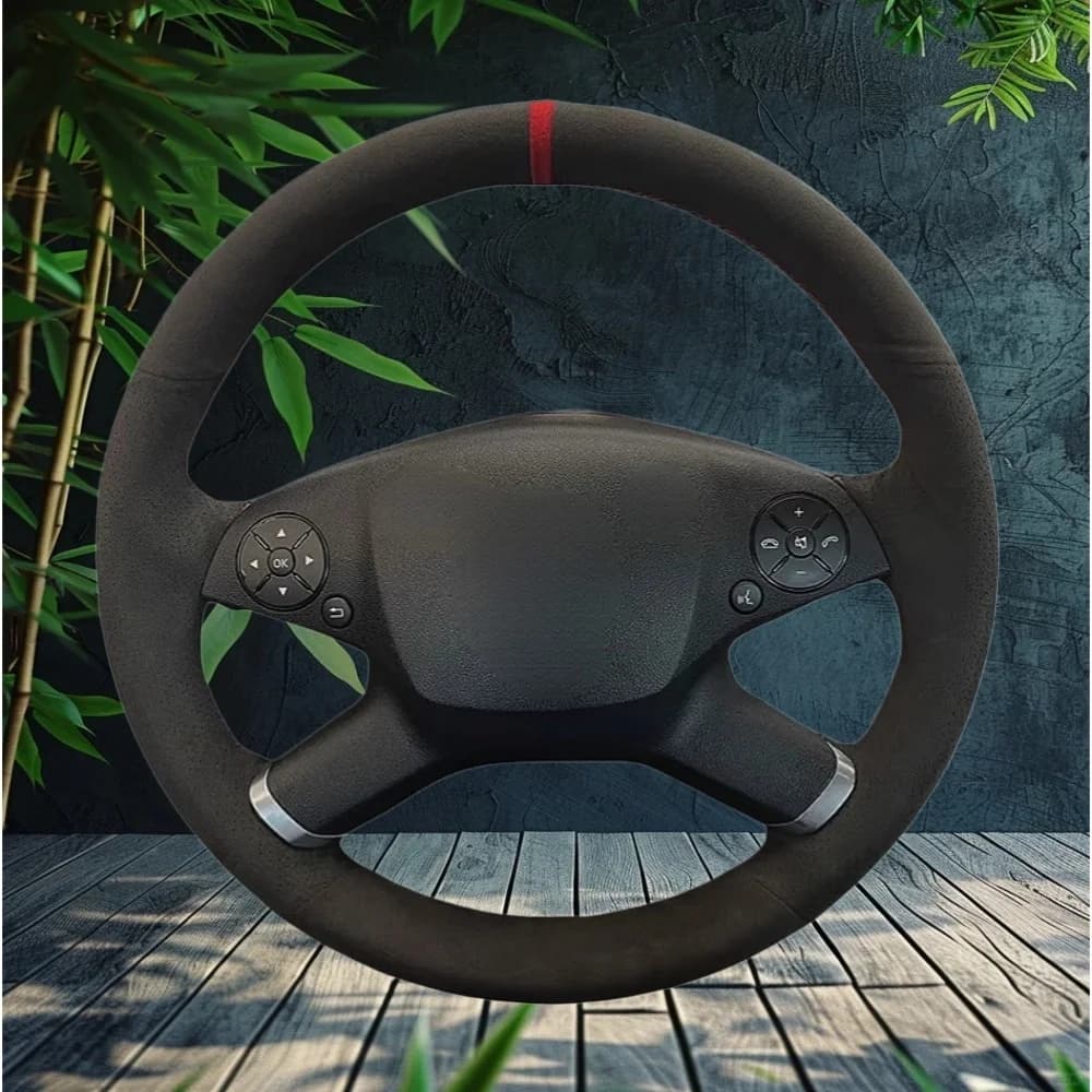 Accessori interni auto, coprivolante in pelle scamosciata nera cucita a mano 2007-2011 per Mercedes Benz Classe C W204