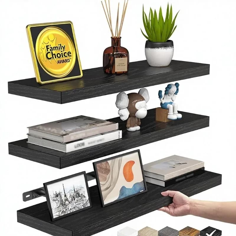 Set of 3 Wall Floating shelves in Black Rustic Wood, Capacity 10 kg, per Bathroom, Bedroom, Kitchen, Living Room