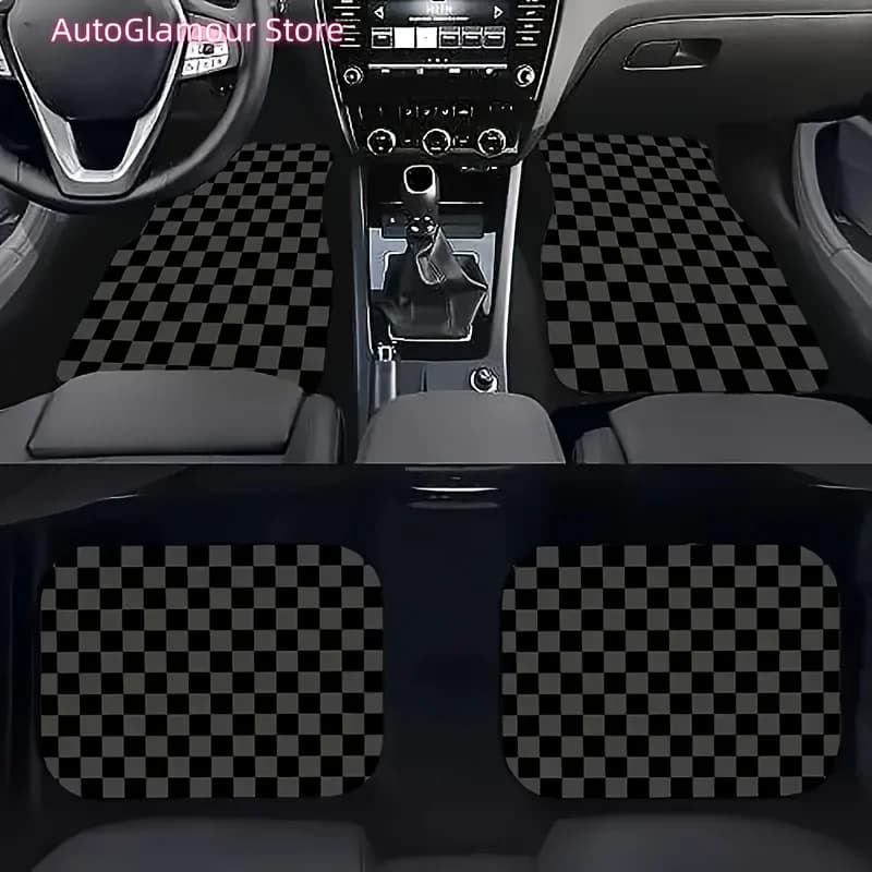 Set of four universal car mats with black, grey and yellow square design. They are absorbent, non-slip and washable