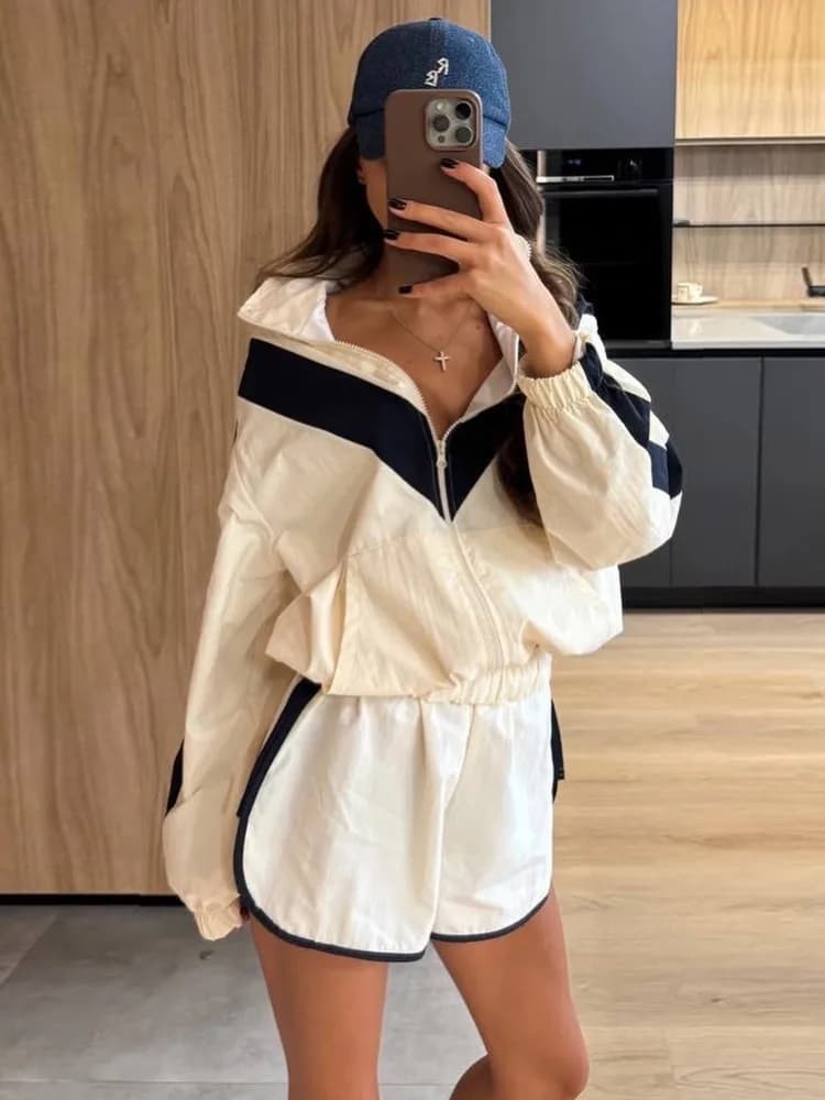 Contrast Shorts Two Piece Set Women Loose Zippers Stand Collar Long Sleeve Jacket 2026 Elastic Waist Short Pant Spring Summer